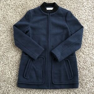 Tory Burch Textured Jacquard Knit Zip Up Coat Womens XS Navy Merino Wool Collar